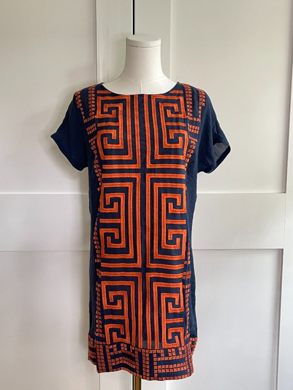 THML Navy and Orange Embroidered Geometric Shift Mini Dress XS